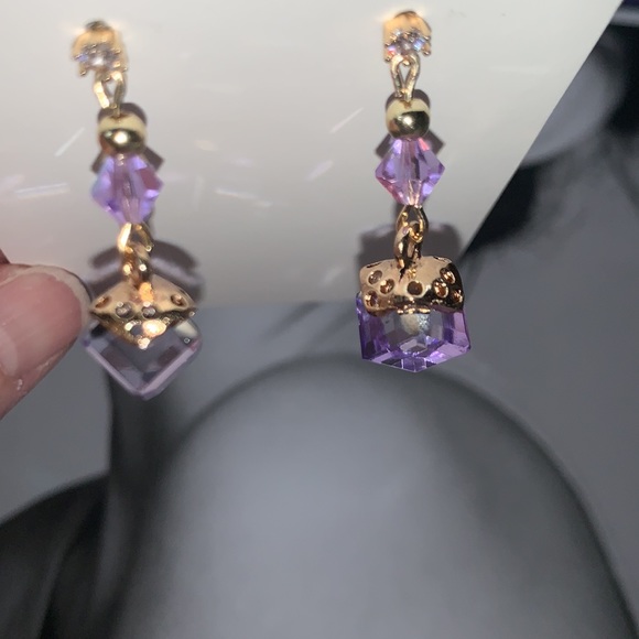 Cubic Zirconia Post Stud With Dangling Drop Purple Cubic Crystal Pendant - Picture 11 of 15
